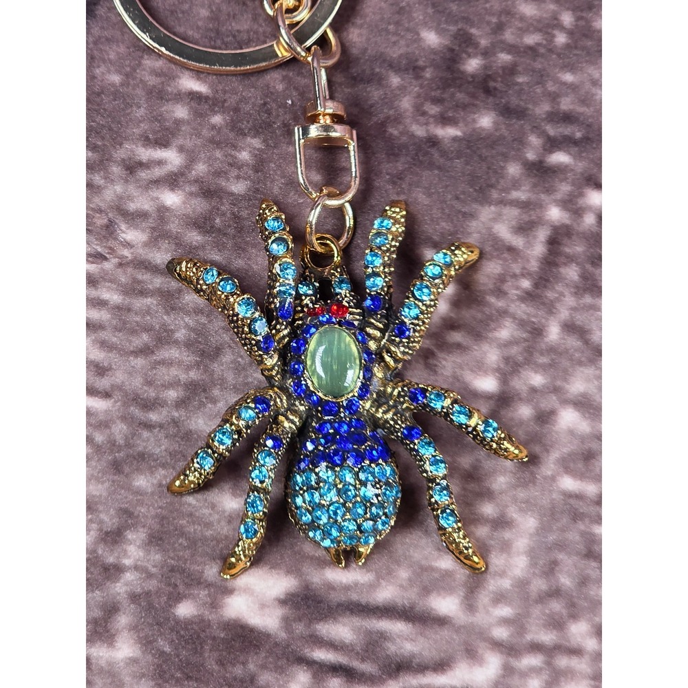 Spider Keychain Gold Tone Blue Rhinestones Jeweled Bug Purse Charm Bling - Picture 2 of 10